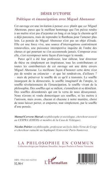 Désir d'utopie, Politique et émancipation avec Miguel Abensour (9782343142258-back-cover)