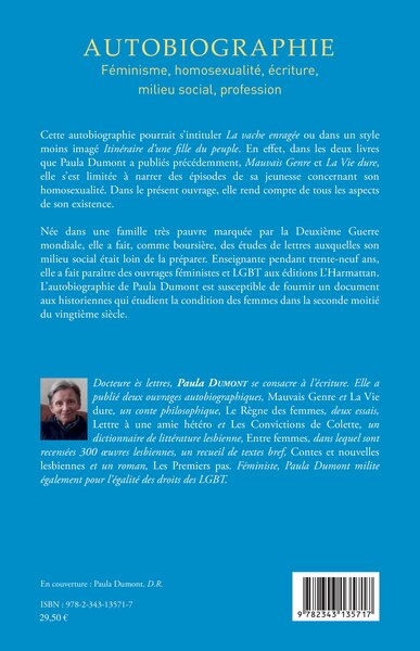 Autobiographie, Féminisme, homosexualité, écriture, milieu social, profession (9782343135717-back-cover)