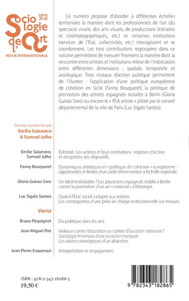 Sociologie de l'Art, Les artistes et leurs institutions : registres d'action et réceptions des dispositifs, Artists ans institut (9782343182865-back-cover)