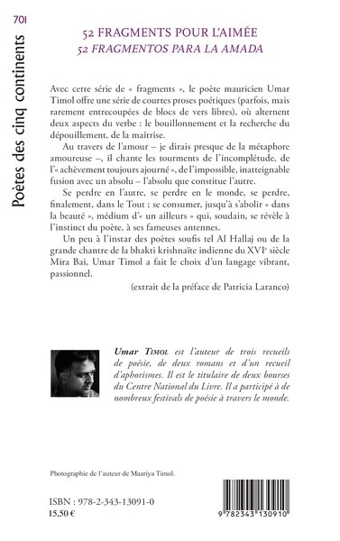 52 fragments pour l'aimée, 52 fragmentos para la amada - bilingue français-espagnol (9782343130910-back-cover)