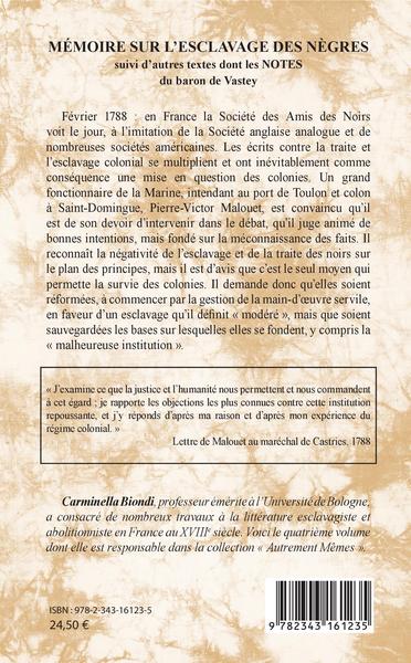 Mémoire sur l'esclavage des nègres, suivi d'autres textes dont les notes du baron de Vastey (9782343161235-back-cover)