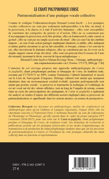 Le chant polyphonique corse, Patrimonialisation d'une pratique vocale collective (9782343123875-back-cover)