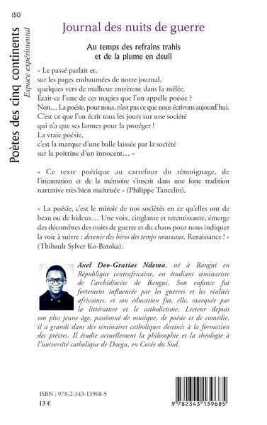 Journal des nuits de guerre, Au temps des refrains trahis et de la plume en deuil - Préface de Thibault Sylver Ko-Batoka (9782343139685-back-cover)