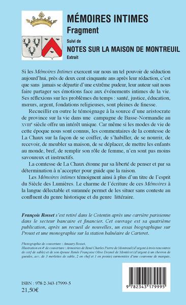 Mémoires intimes, Fragment - Suivi de "Notes sur la maison de Montreuil" - Extrait (9782343179995-back-cover)