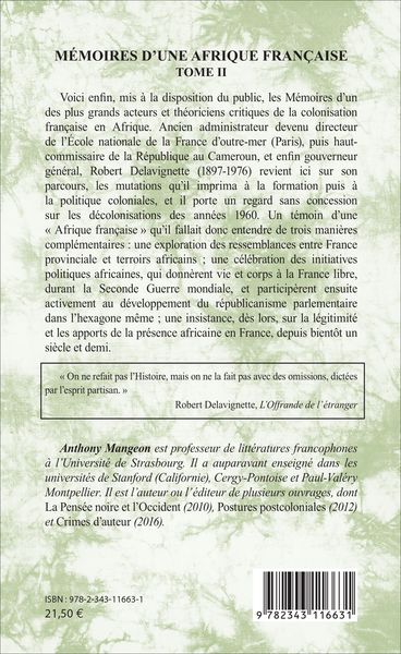 Mémoires d'une Afrique française, Texte inédit : Tome II (9782343116631-back-cover)