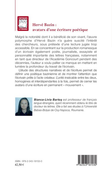 Hervé Bazin : avatars d'une écriture poétique (9782343181530-back-cover)