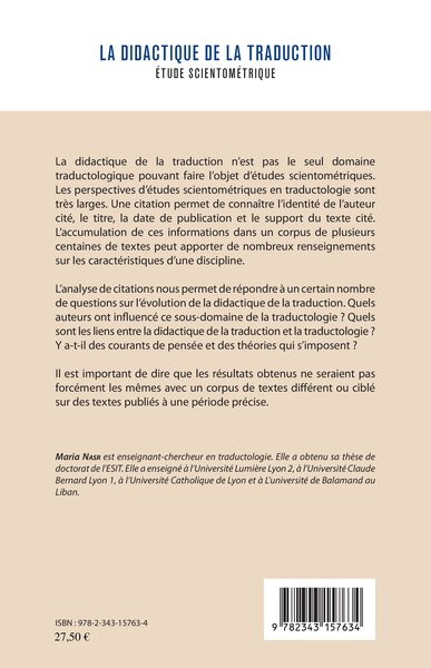 La didactique de la traduction, Etude scientométrique (9782343157634-back-cover)