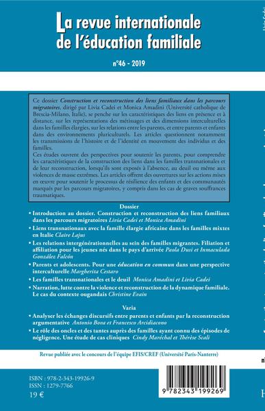 Revue internationale de l'éducation familiale, Construction et reconstruction des liens familiaux dans les parcours migratoires (9782343199269-back-cover)