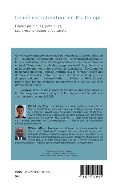 La décentralisation en RD Congo, Enjeux juridiques, politiques, socio-économiques et culturels (9782343108025-back-cover)