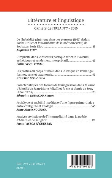 Cahiers de l'IREA, Littérature et linguistique, Cahiers de l'IREA N°7-2016 (9782343109220-back-cover)