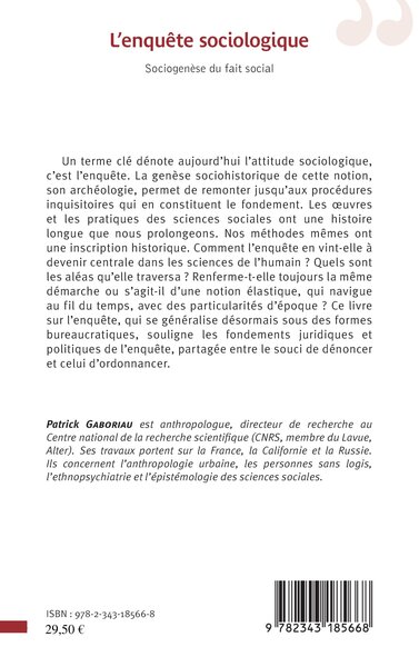 L'enquête sociologique, Sociogenèse du fait social (9782343185668-back-cover)