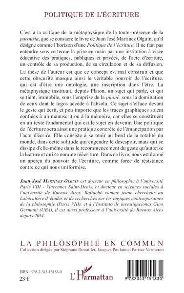 Politique de l'écriture (9782343151830-back-cover)