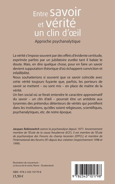 Entre savoir et vérité un clin d'oeil, Approhe psychanalytique (9782343101798-back-cover)