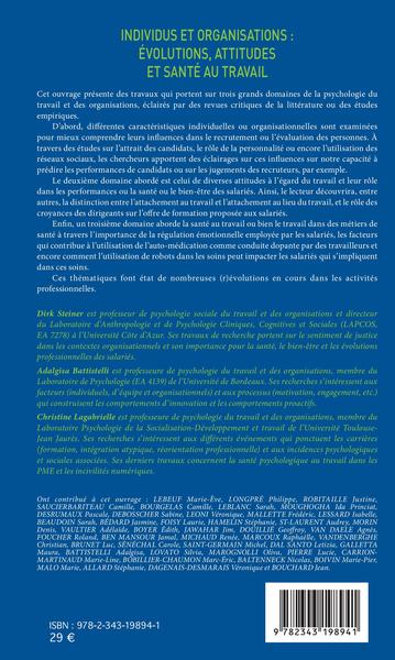 Individus et organisations : évolutions, attitudes et santé au travail (9782343198941-back-cover)
