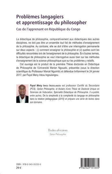 Problèmes langagiers et apprentissage du philosopher, Cas de l'apprenant en République du Congo (9782343151335-back-cover)