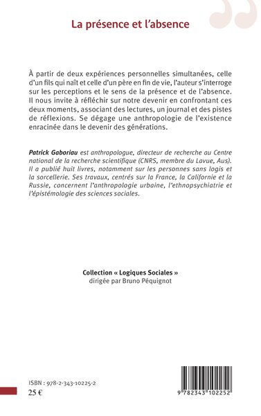 La présence et l'absence, Brève introduction à l'existence (9782343102252-back-cover)