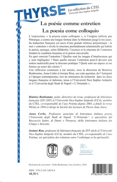 La poésie comme entretien, La poesia come colloquio (9782343146744-back-cover)