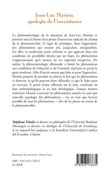 Jean-Luc Marion, apologie de l'inexistence, Tome 1 - La destinerrance des phénomènes (9782343176635-back-cover)