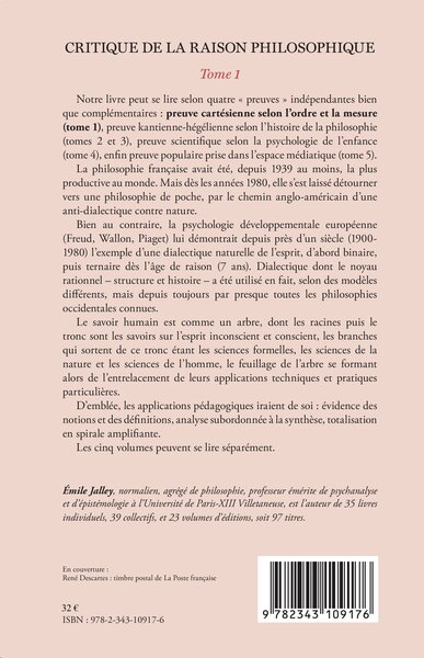 Critique de la raison philosophique, Première partie. La preuve par l'ordre et la mesure - Tome 1 (9782343109176-back-cover)