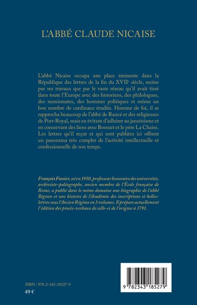 L'abbé Claude Nicaise, "Facteur du Parnasse" (9782343185279-back-cover)
