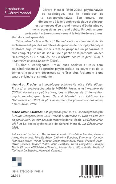 Introduction à Gérard Mendel, Sociopsychanalyse, une anthropologie et une clinique (9782343140391-back-cover)