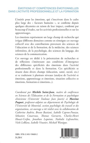 Émotions et compétences émotionnelles dans l'activité professionnelle et la formation (9782343196602-back-cover)