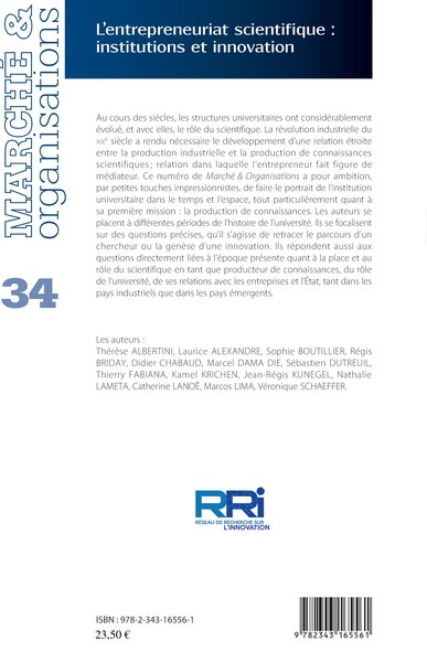 Marché et Organisations - Revue d'analyse stratégique, L'entrepreneuriat scientifique : institutions et innovation (9782343165561-back-cover)