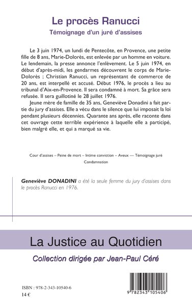 Le procès Ranucci, Témoignage d'un juré d'assises (9782343105406-back-cover)