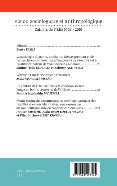 Cahiers de l'IREA, Vision sociologique et anthropologique (9782343193564-back-cover)