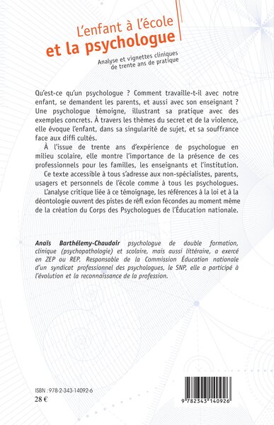 L'enfant à l'école et la psychologue, Analyse et vignettes cliniques de trente ans de pratique (9782343140926-back-cover)