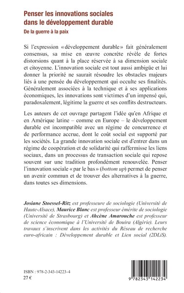 Penser les innovations sociales dans le développement durable, De la guerre à la paix (9782343142234-back-cover)