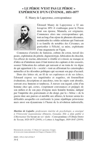 "Le Pérou n'est pas le Pérou", Expérience d'un Cévenol, 1851-1877 - É. Maury de Lapeyrouse, correspondance (9782343153247-back-cover)