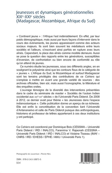 Jeunesses et dynamiques générationnelles XIXe-XXIe siècles (Madagascar, Mozambique, Afrique du Sud), Cahiers Afrique n°29 (9782343108735-back-cover)