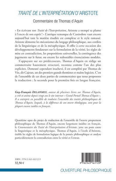 Traité de l'interprétation d'Aristote, Commentaire de Thomas d'Aquin - (Complément de Thomas de Vio dit Cajétan) (9782343161129-back-cover)