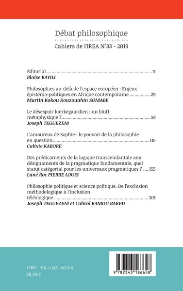 Cahiers de l'IREA, Débat philosophique (9782343186658-back-cover)
