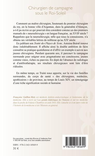 Chirurgien de campagne sous le Roi-Soleil, Traité des playes de teste 1674 (9782343185699-back-cover)