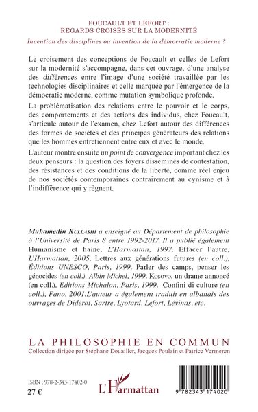 Foucault et Lefort, Regards croisés sur la modernité - Invention des disciplines ou invention de la démocratie moderne ? (9782343174020-back-cover)