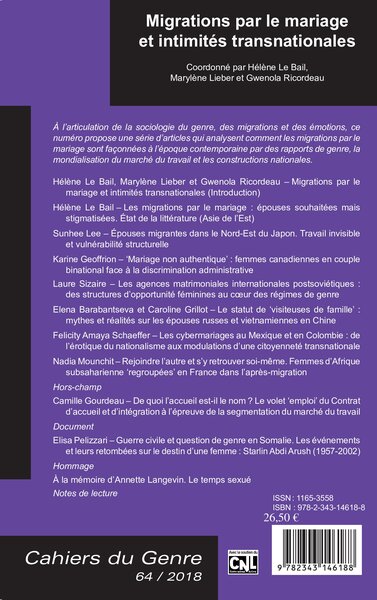 Cahiers du Genre, Migrations par le mariage et intimités transnationales (9782343146188-back-cover)