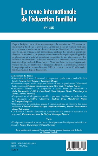 Revue internationale de l'éducation familiale, L'éducation à la citoyenneté, Enjeux, acteurs, contextes (9782343133508-back-cover)