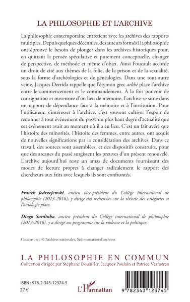 La philosophie et l'archive, Un dialogue international (9782343123745-back-cover)