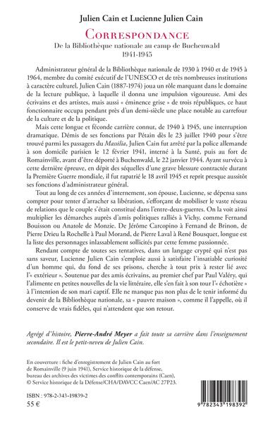 Julien Cain et Lucienne Julien Cain, Correspondance - De la Bibliothèque nationale au camp de Buchenwald 1941-1945 (9782343198392-back-cover)