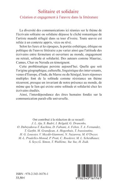 Solitaire et Solidaire, Création et engagement à l'oeuvre dans la littérature (9782343161761-back-cover)