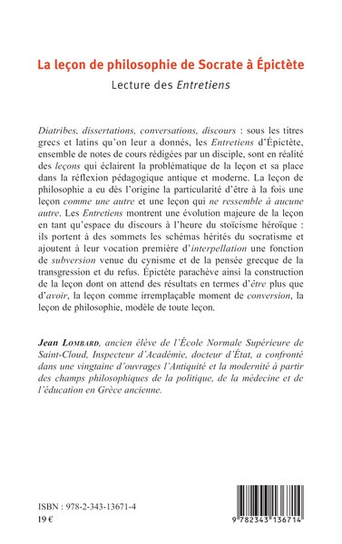 La leçon de philosophie de Socrate à Epictète, Lecture des Entretiens (9782343136714-back-cover)