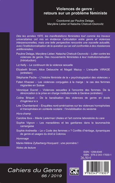 Cahiers du Genre, Violences de genre : retours sur un problème féministe, - Dossier coordonné par : (9782343178301-back-cover)