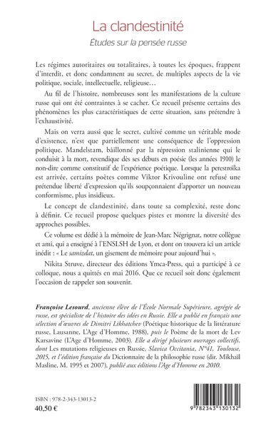 La clandestinité, Études sur la pensée russe (9782343130132-back-cover)