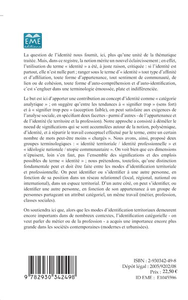 Territoire et profession, Essai sociologique sur les formes de constructions identitaires modernes (9782930342498-back-cover)