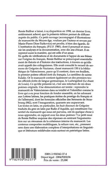 Eulalie et Ludwig, Le manuscrit 150 de la bibliothèque de Valenciennes - Colinguisme et prémices littéraires de l'Europe (9782930342375-back-cover)