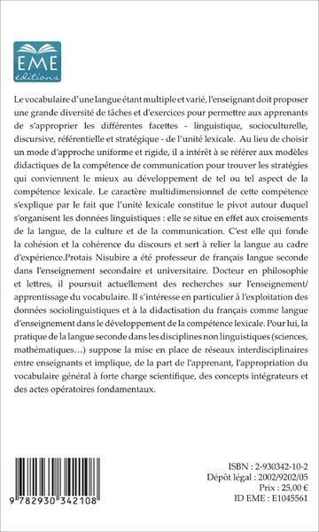 La compétence lexicale en français langue seconde (Tome 1) (9782930342108-back-cover)