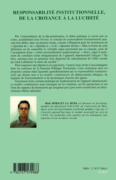 Responsabilité institutionnelle, de la croyance à la lucidité, Essai sociologique (9782747579988-back-cover)