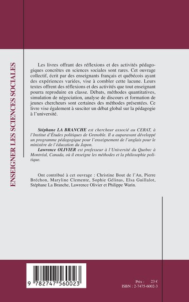 Enseigner les sciences sociales, Expériences de pédagogie universitaire (9782747560023-back-cover)